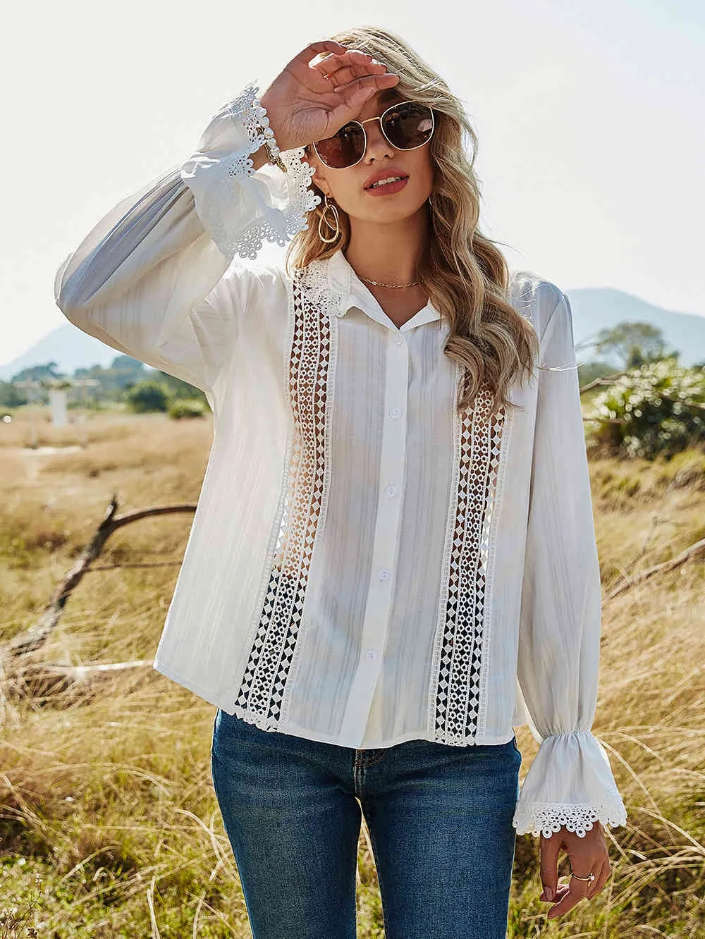 Fashion Shirt Summer Tops Spring Hollow Lace Splicing Trumpet Sleeve Long Sleeve Womens White Shirt Vintage Blouse Women 210514 From 12 37 DHgate