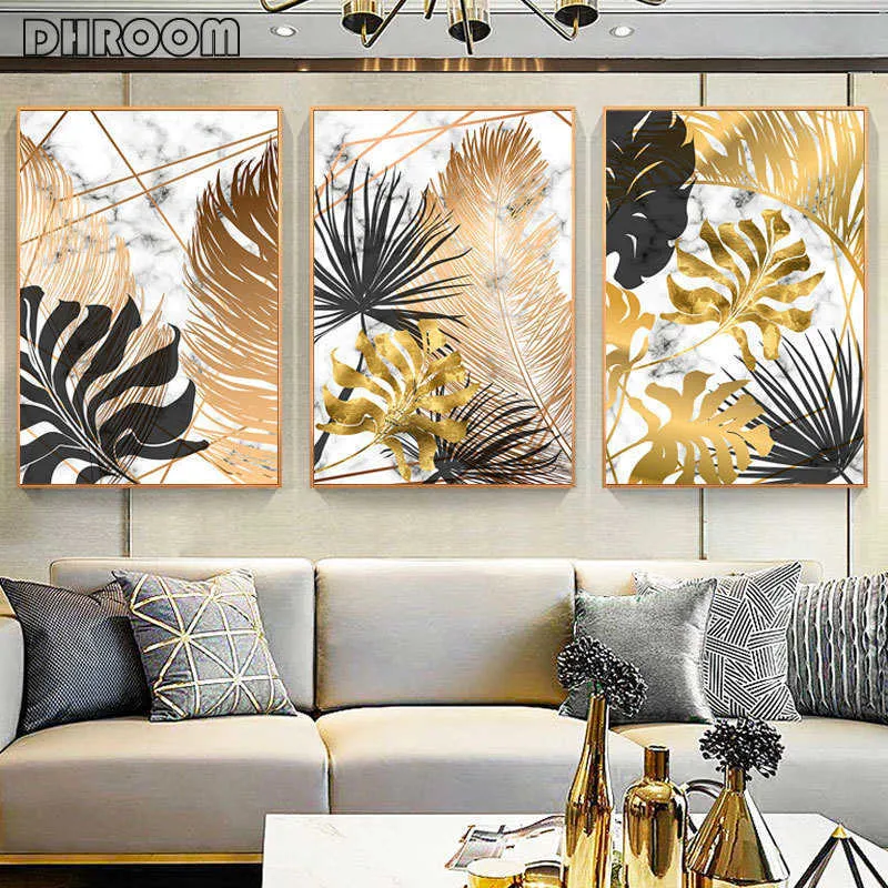 Nordic Plants Golden Leaf Canvas Painting Botanical Posters and Print Abstract Wall Art Pictures for Living Room Modern Decor 210705