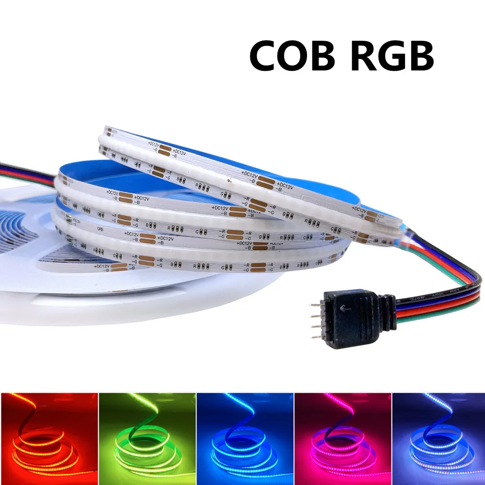 Lâmpada de tira de LED RGB COB 12V 24V 810 840 LEDS/m 10mm PCB FOB Fita flexível Luz de alta densidade RA90 Cordão linear diminuído 5m/roll