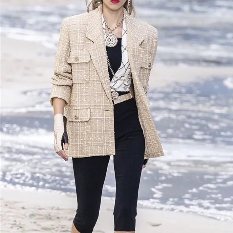 빈티지 황금 단일 버튼 트위드 자켓 코트 가을 겨울 패션 포켓 격자 무늬 숙녀 겉옷 캐주얼 카 카도 femme 210514