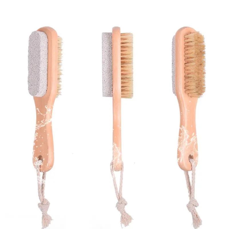 2 in 1 cleaning brushes Natural Body or Foot Exfoliating Brush Double Side with Nature Pumice Stone Soft Bristle Brush