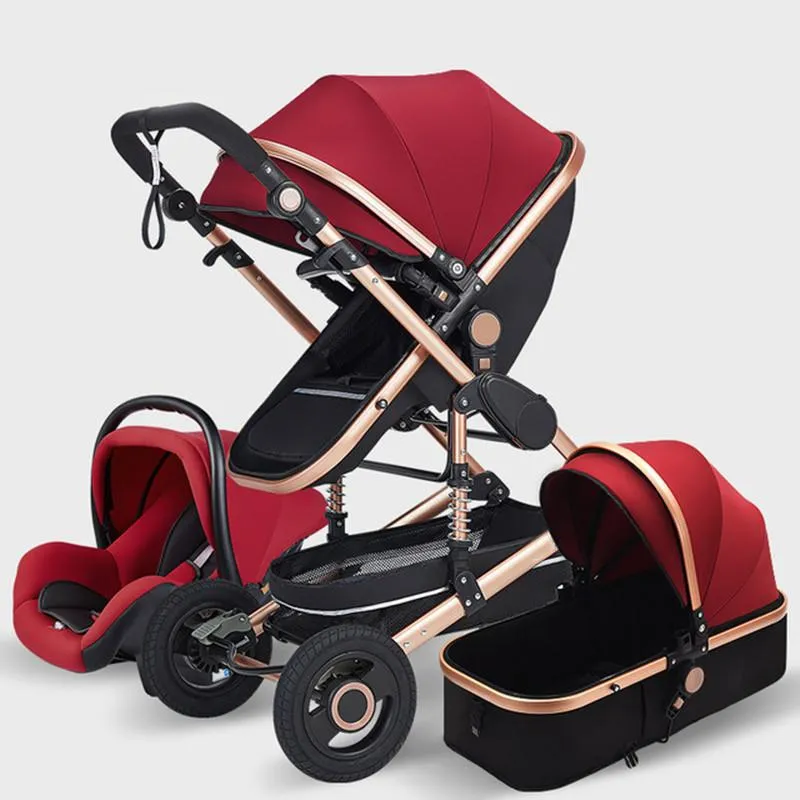 Strollers# Multifunctional 3 In 1 Baby Stroller Luxury Portable High Landscape 4 Wheel Folding Carriage Gold Born