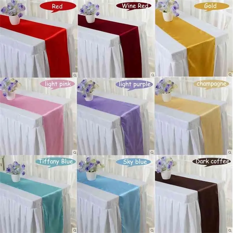 10pcs / lot rouge / bleu / jaune / violet 16 couleurs 30 * 275cm Table de table en satin pour engagement de mariage / El Banquet / Fesival Decor 210628
