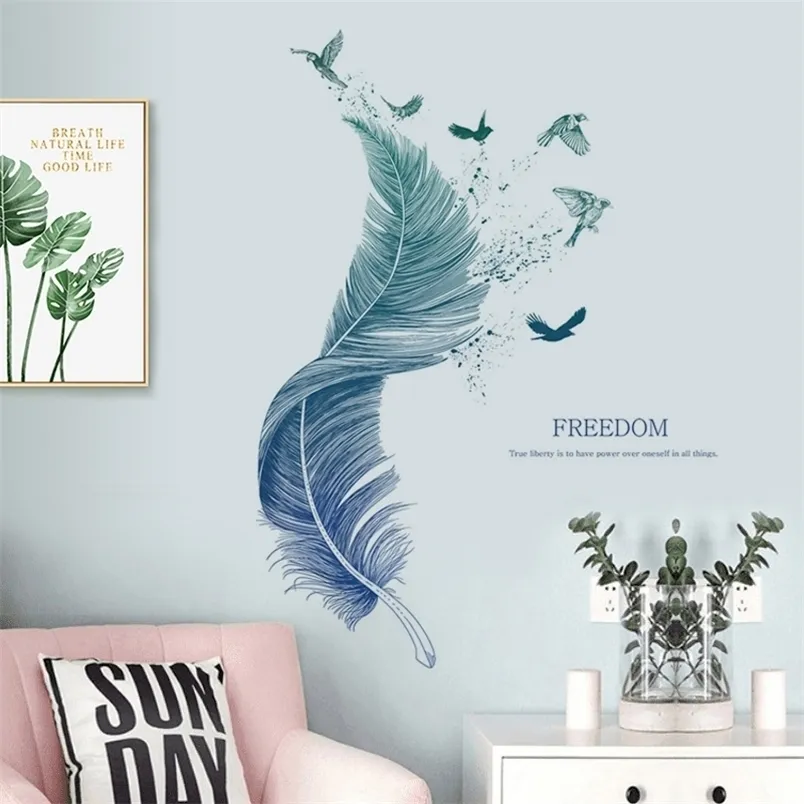 Творческие наклейки синие перо наклейки на стену спальня декор диван фона самоклеящаяся стена декор украшения комнаты для дома 211124