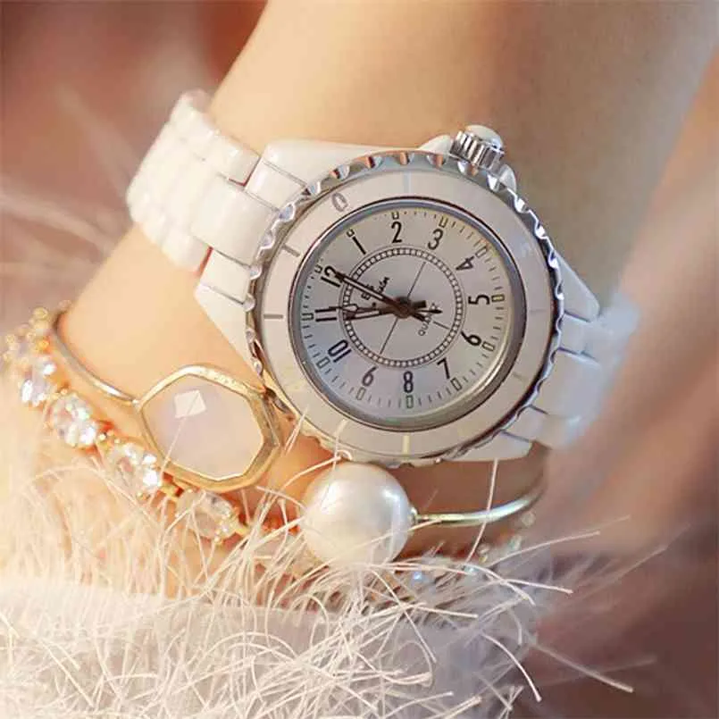 ファッションホワイトセラミッククォーツレディース腕時計女性の高級トップブランド腕時計ジュネーブデザイナーギフトレロジオ Feminino 210707