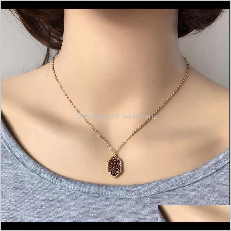 Natural Stone Pendants for Women Gold Plated Hexagon Natural Stone Necklace Druzy Stone Necklaces 10 Colors