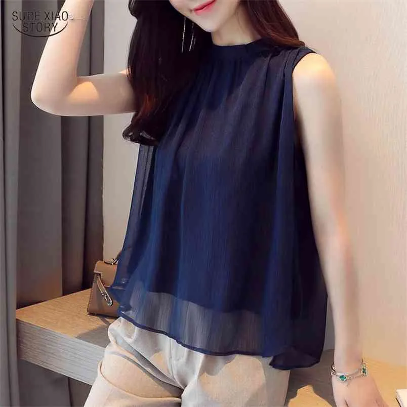 Summer Korean Style Sleeveless Chiffon Blouse Female Office Lady Tops Plain Base Shirt Loose O-neck Vest 9458 50 210506