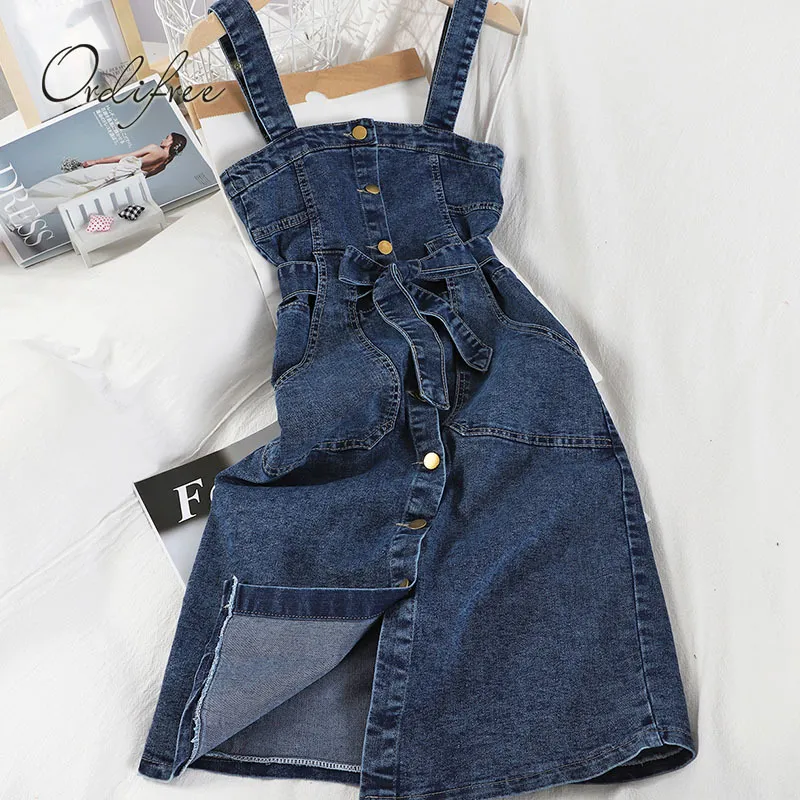 Summer Women Jeans Sundress Overall Belted Blue Single Breasted Female Casual Denim Dress 210415