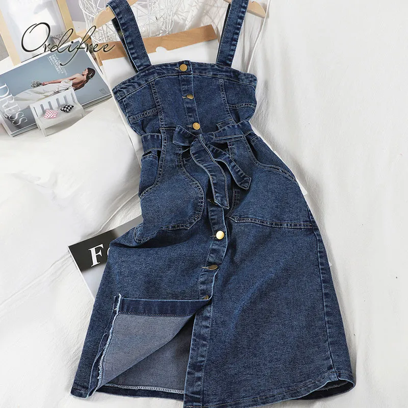 Summer Women Jeans Sundress Overall Belted Blue Single Breasted Female Casual Denim Dress 210415 Summer Women Jeans Sundress Overall Belted Blue Single Breasted Female Casual Denim Dress 210415