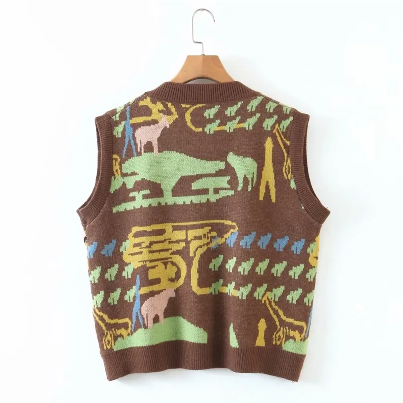 Vintage Jacquard Abstracting Sweater Vest For Women V Neck Knitted