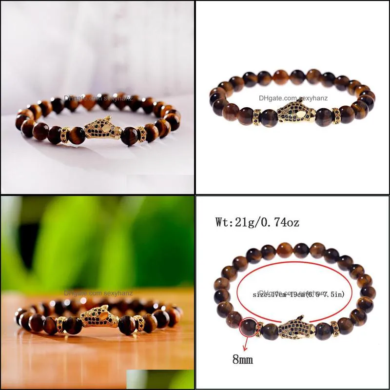 Classic Leopard Men Bracelets 8mm Natural Tiger Eye Stone Beads Bracelet Chakra Bangles Bijoux Jewelry Beaded, Strands