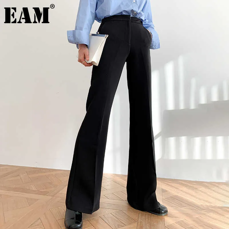 [EAM] Czarny Fold Long Leisure Szerokie Noga Wysoka Talia Spodnie Nowe Luźne Fit Spodnie Kobiet Moda Tide Wiosna Jesień 2021 1DD5536 q0801