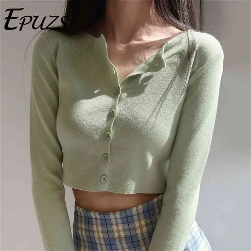 Korean O-neck Short Knitted Sweater Pink Cardigan Fashion long sleeve Sleeve Crop Top Sweet crop sweater 210914