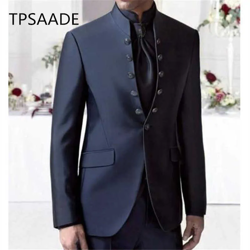 Gentleman Stand Collar Navy Blue Men Suit Tuxedos Masculino 2Pieces(Jacket+Pants+Tie) Best Man Suit Latest Style Male Clothing X0909