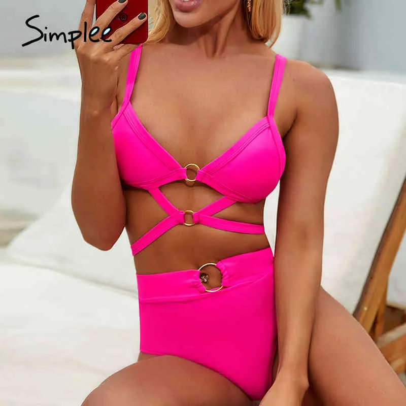 Triangle bathing suit Sexy ring bikini set High waist swimwear women Summer bathers Neon pink swimsuit female biquini 210414