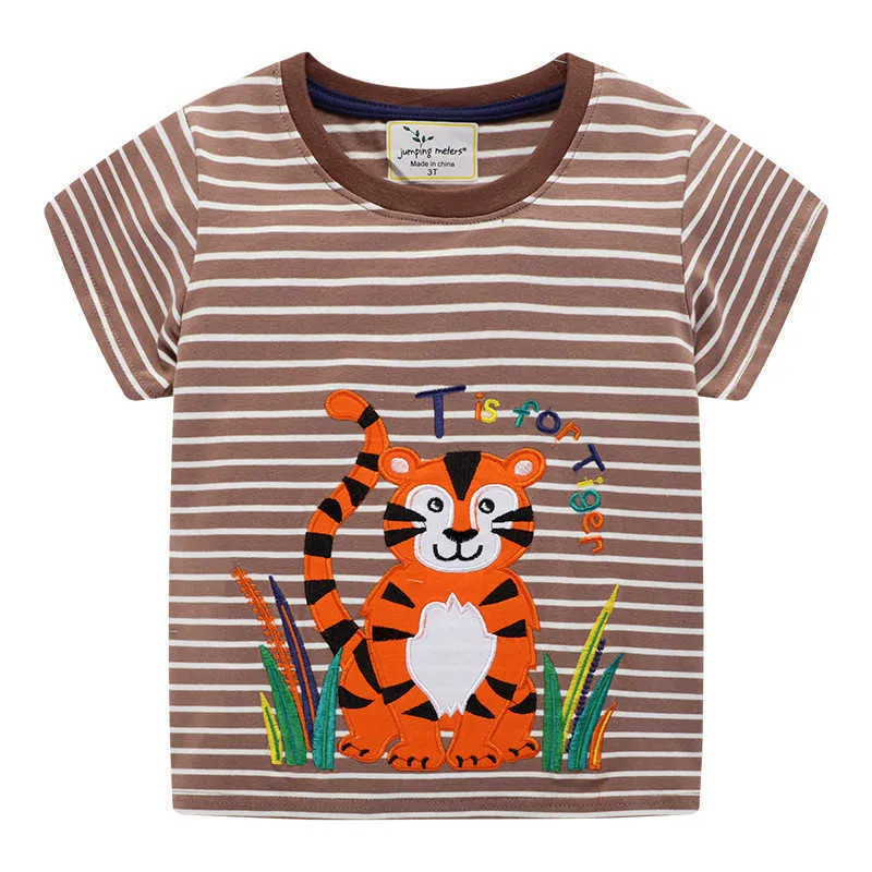 Hoppmätare Djur Applique Boys Tees Tiger Bomull Barnkläder för sommar Barnens T-shirts Stripe Kids Tops 210529