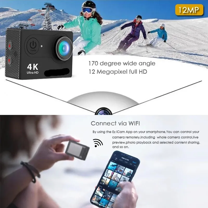 Action Camera Ultra HD 4K / 30fps WiFi 2.0" 170D Camma subacquea impermeabile Casco Vedio Go Sport Pro Came