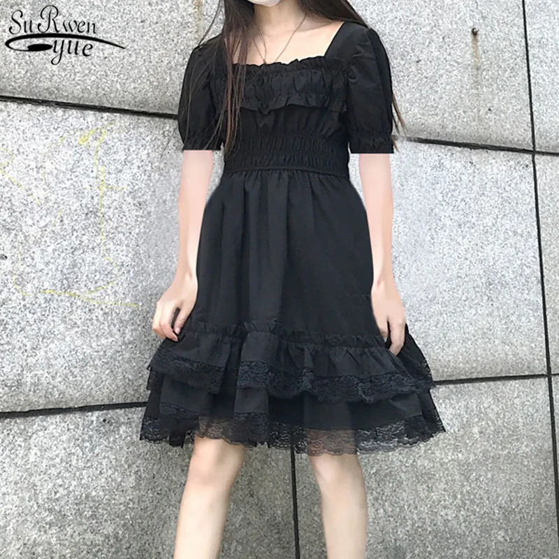 Lolita Style Kawaii Nero Mini Abito Donna Primavera Gotico Corto Donna Harajuku Lace Party Ladies es Vestido 13243 210427