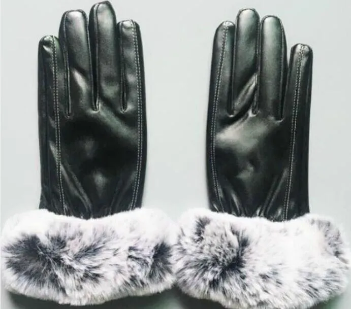 Gants en cuir coupe-vent de marque de créateurs européens et américains dame écran tactile bouche de fourrure de lapin hiver conservation de la chaleur style vent 5698