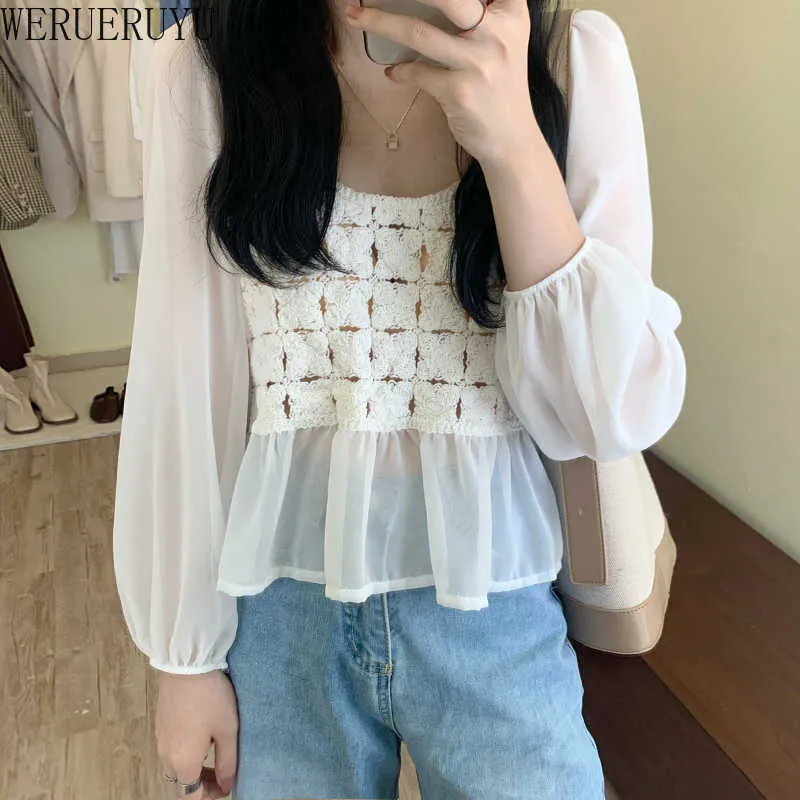 WERUERUYU Lace Blouse White Vintage Square Neck Top Women Clothes Puff Sleeve Long Sleeve Shirt S 210608