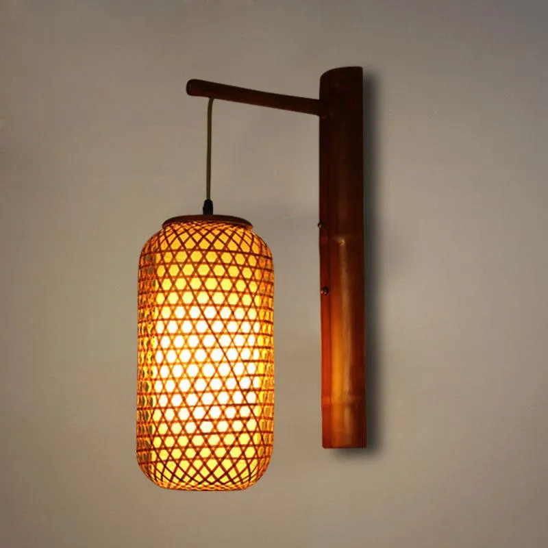 Applique Murale Vintage Style Chinois Poutre En Bois Monté Lanterne Avec Abat-Jour En Osier Fait Main E27 LED Luminaire Pour Chambre Balcon