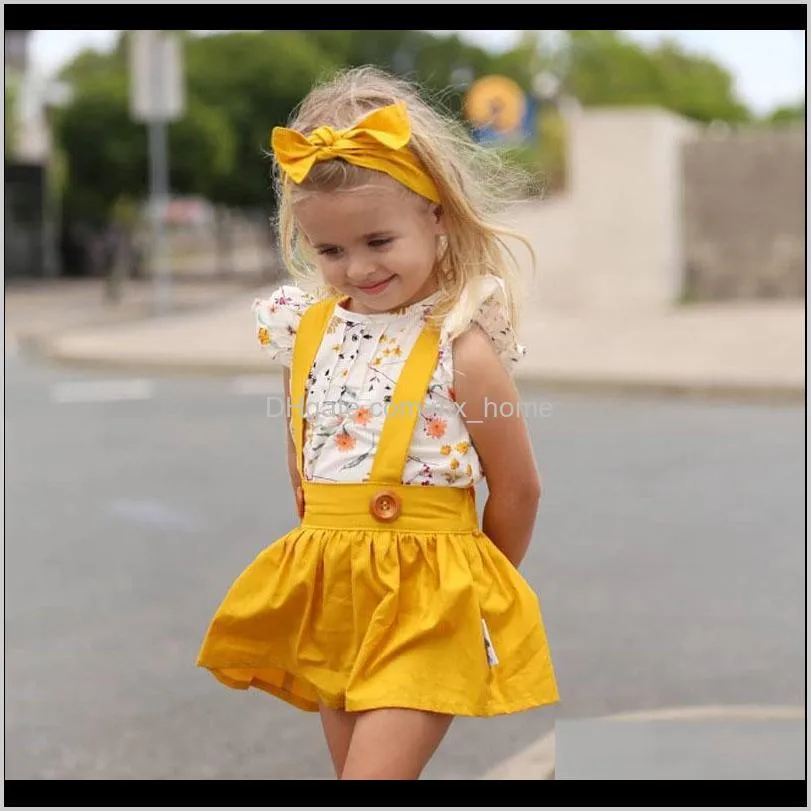 kids girls clothing sets petal sleeve floral printed strap dress kids desinger clothes girls three-piece suit bow tie headband 6m-5t