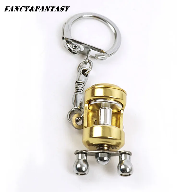 Porte-clés roue à poisson couleur or, pêcheur à la mouche, moulinet de pêche, personnage Miniature, avec porte-clés