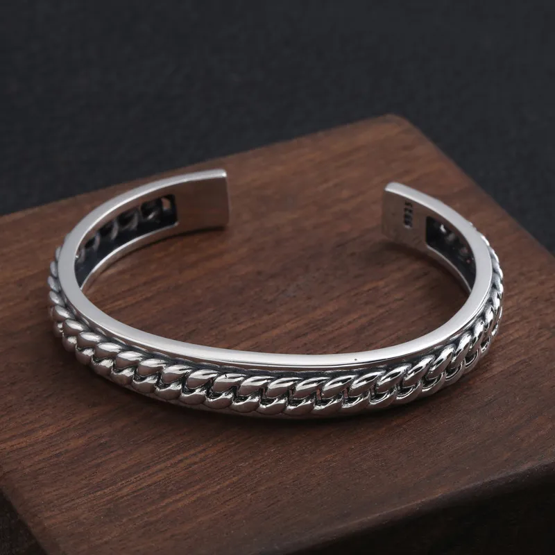 925 Sterling Silver Bracelets For Men, Hand Woven Open Cuff  display picture 1
