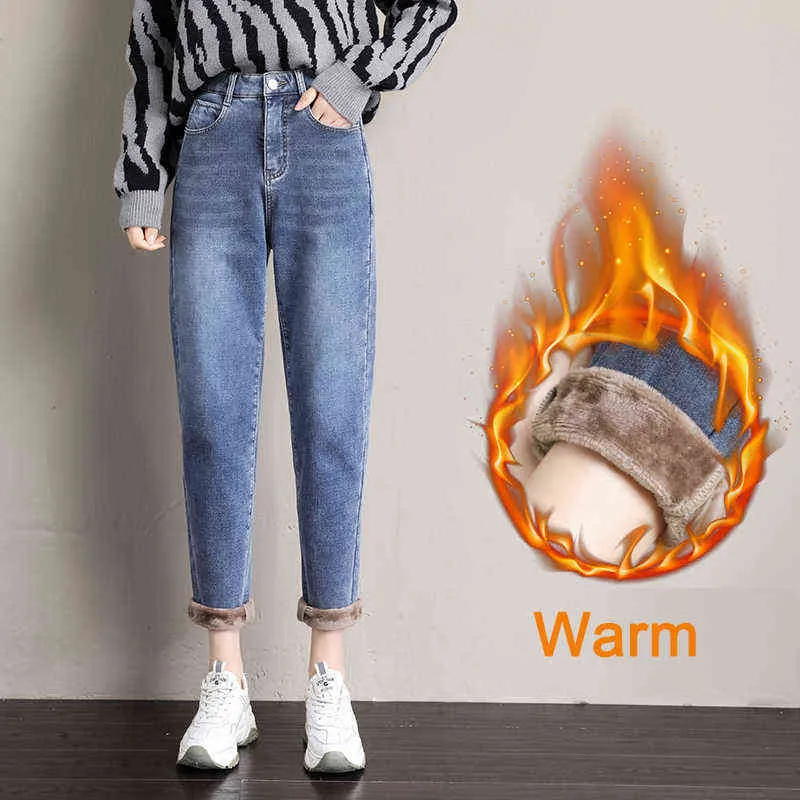 Hög midja sammet tjocka jeans kvinnliga vinter skinny stretch kvinna varm kvinnapants mamma blå denim byxor plus storlek 211129