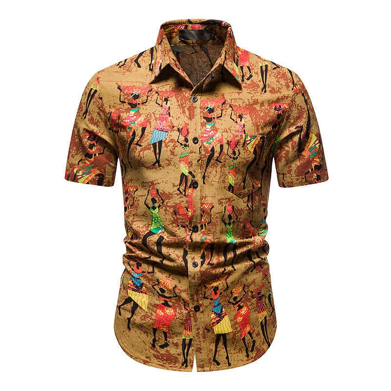 Żółte koszule Mężczyźni Plaża Hawajski Dorywczo Druku Koszula Męskie Afryki Dashiki Etniczne Zagraniczone Krótki Rękaw Camisas Przytulny Streetwear 210524
