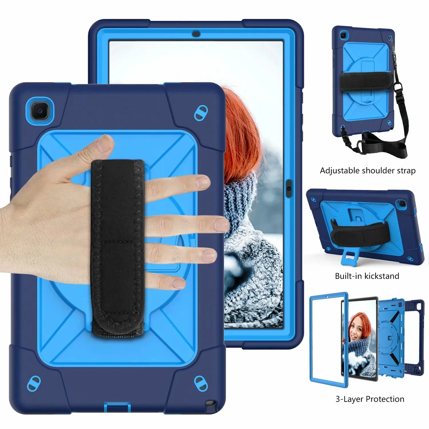 Tri Layer 360 Degree Rotation Kickstand Shoulder Strip Shock Bevis Case Cover för Samsung Galaxy Tab S6 Lite 10.4 P610 P615 A7 T500 Tab A 10.1 T515 T510 60PC / Lot