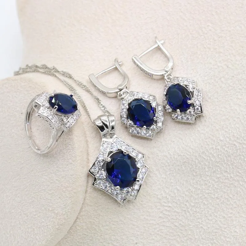 Earrings & Necklace Classic Blue Zircon Silver Color Jewelry Set For Women Pendant Open Ring Wedding Christmas Year Gift