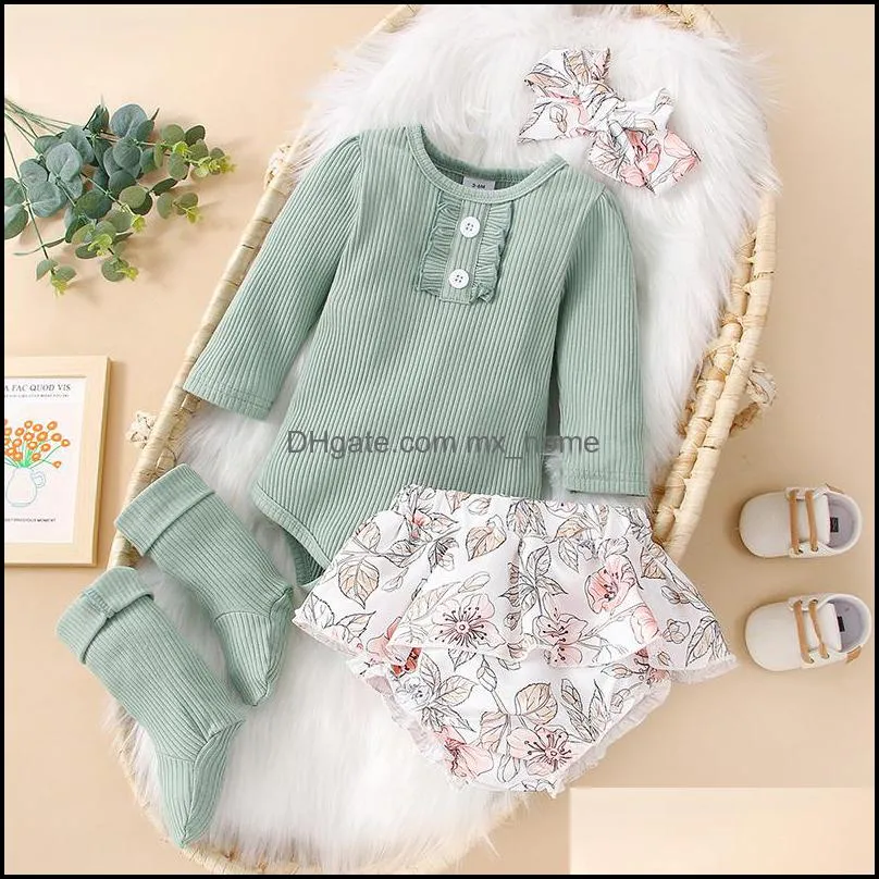 kids Clothing Sets girls outfits infant toddler Headband+Pit stripe Tops+ruffle Floral flower Shorts+socks 4pcs/set Spring Autumn fashion baby clothes