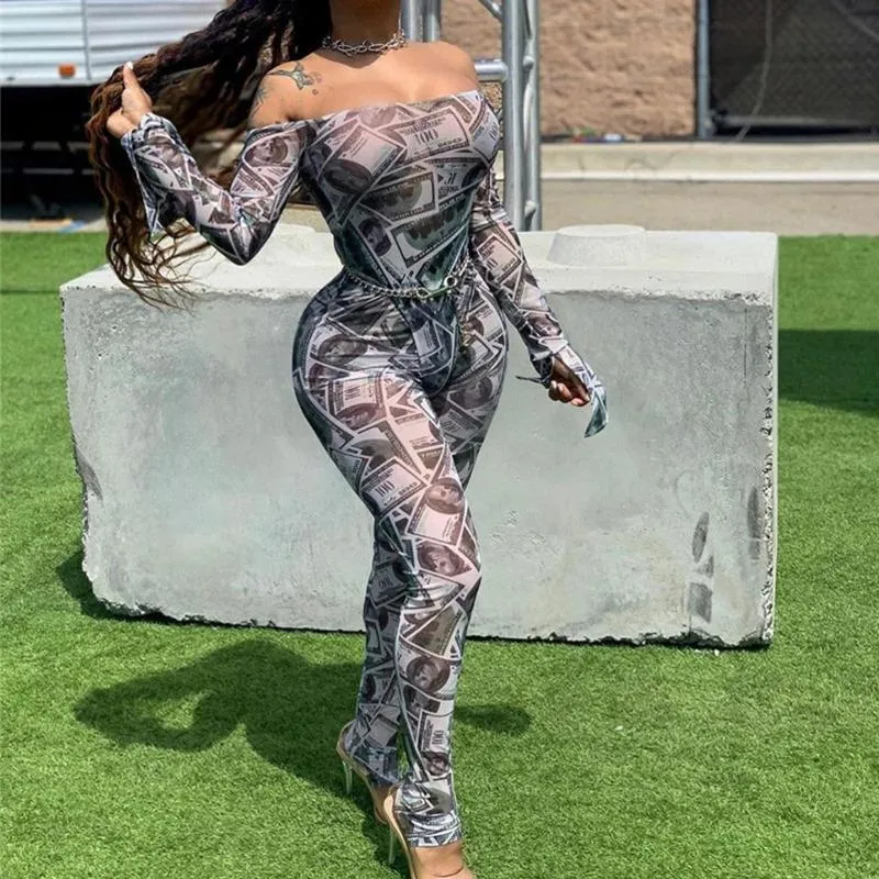 Two Piece Dress Money Dollar Print Sexy Set Off Shoulder Long Flare Sleeve  Bodysuit Top + Pencil Pants Women Night Club Mesh Outfits From Cooldh,  $13.33