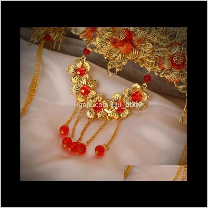 new bridal headdress gold red chinese wedding hair accessories a-96