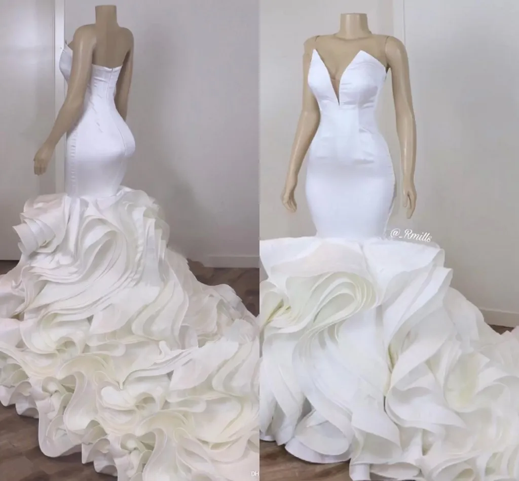 Sexig sjöjungfru brud trumpet bröllopsklänningar satin organza ruffles kjol katedral tåg afrikanska kvinnor vita bröllopsklänningar 2021