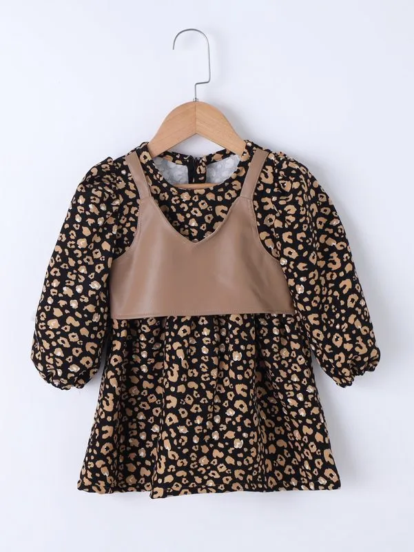Toddler Girls Leopard Print Lantern Sleeve 2 In 1 Dress SHE