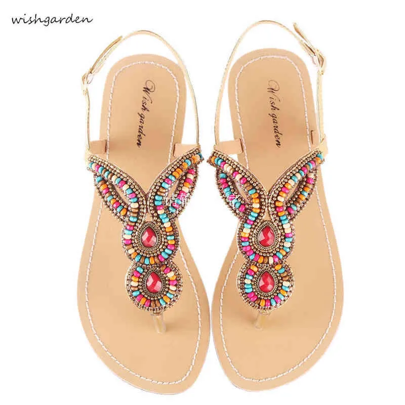 NEW Summer Retro String Bead Women Beach Sandals American Style Female Slipper Mulher T-Strap Flops Parent-Child Oversized Shoes X220214