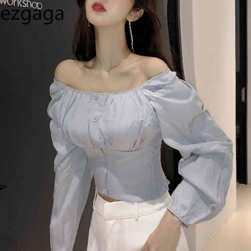 Ezgaga Off Épaule Blouse Chemises Femmes Slash Cou Printemps Stretch Simple Solide Slim Simple Boutonnage Tops Coréen Sexy 210430