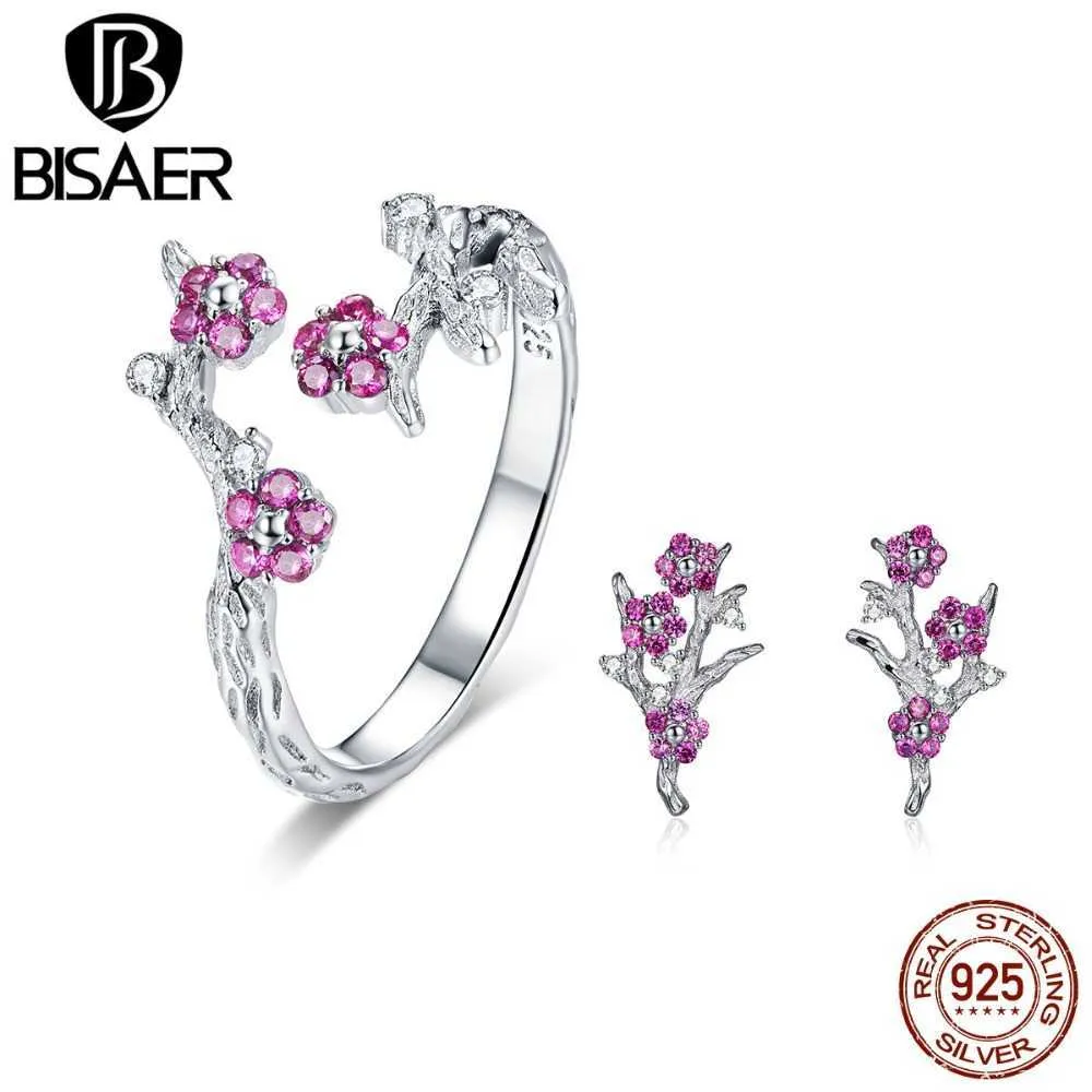 BISAER auténtico 925 Sterling flor de cerezo flor pendientes anillos mujeres conjuntos 925 joyería de plata WES096