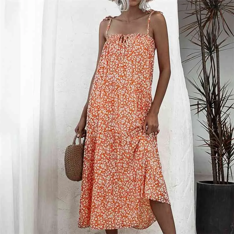 Abito lungo da spiaggia sexy elegante estivo da donna Cinturino con scollo all'americana Stampa floreale boho maxi per abito da donna senza maniche a-line 210508