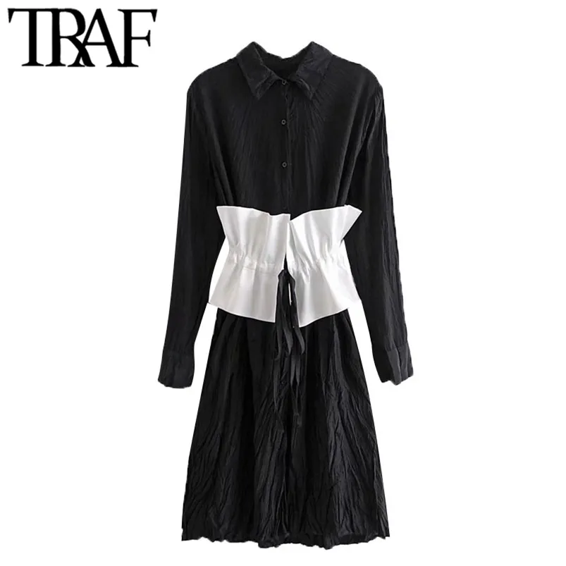 Mulheres chique moda com faixas plissadas midi camisa vestido vintage manga longa lado ventos vestidos femininos vestidos 210507
