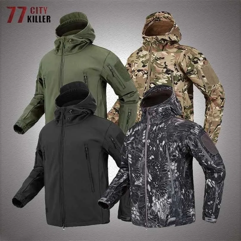 Shark Soft Shell Military Tactical Jacket Men Camouflage Waterproof Warm Windbreaker Coats US Army Combat Hooded Bomber Jackets 211126