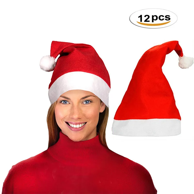 12 sztuk / zestaw Unisex Hat Tradycyjny Biały Czerwony Xmas Santa Claus Cap Prezent Dla Dorosłych Dzieci Wakacyjnych Party Boże Narodzenie
