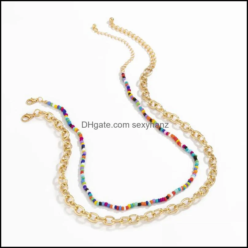 Hip Hop Double Layer Cross Metal Chain Retro Colorful Rice Beaded Necklaces Women Punk Party Gift Gold Link European Jewelry