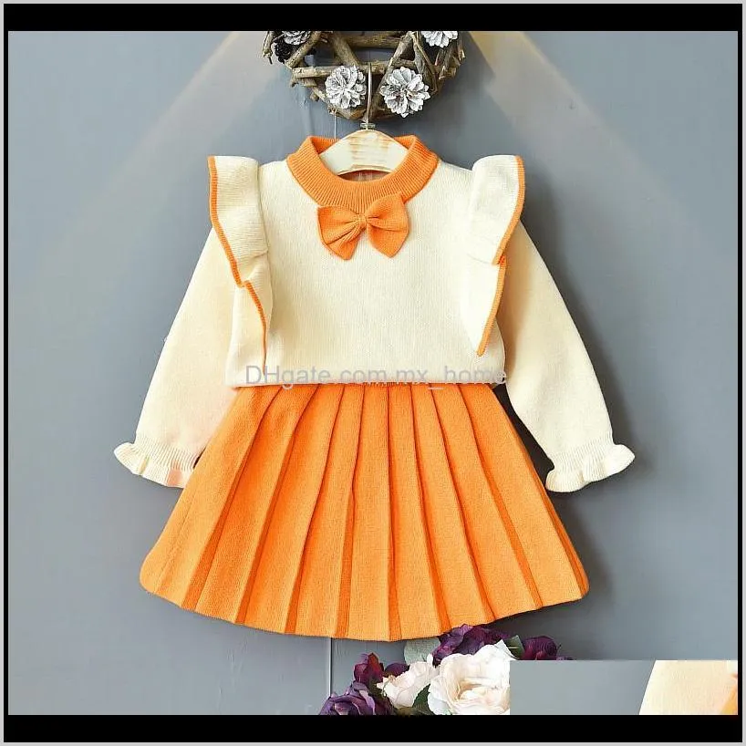 girls sweater short skirt suit spring baby bow knot long-sleeved top pleated skirt children`s fashion clothing 2-piece set