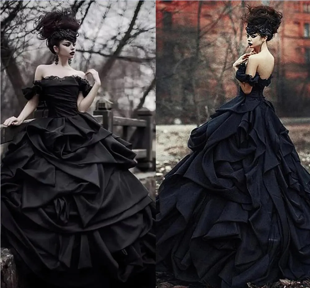 Schwarze Gothic-Garten-Hochzeitskleider 2022, Übergröße, schulterfrei, kaskadierende Rüschen, Schnürkorsett, Spitze, Brautkleid, Mariage