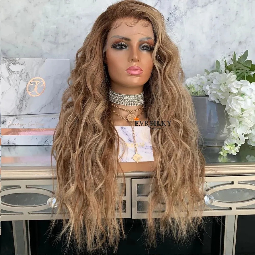 Höjdpunkter Golden Blonde Front Wigs Human Hair HD Transprent spetsfronter Wig Loose Wave 360 ​​spetsar Frontal peruk PRECKED
