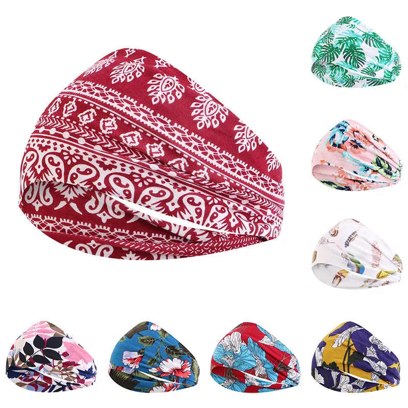 Mode Wide Headband Bohemian Knotted Hårband Blommigtryck Turbans Sport Huvudband Kvinnor Hårtillbehör Headwrap Bandana