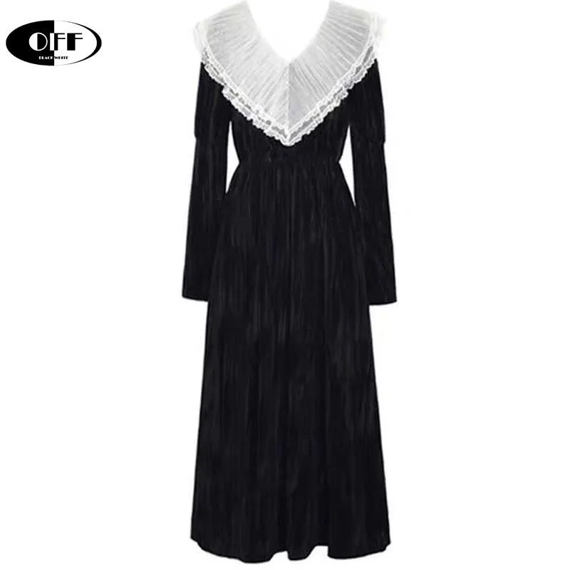 Dood Quality Vintage Black Midi Velvet Dress Elegant Ruffles Lace Up ...